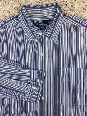 Polo Ralph Lauren Shirt Men's Medium Jerome Blue White Striped Button Up Cotton